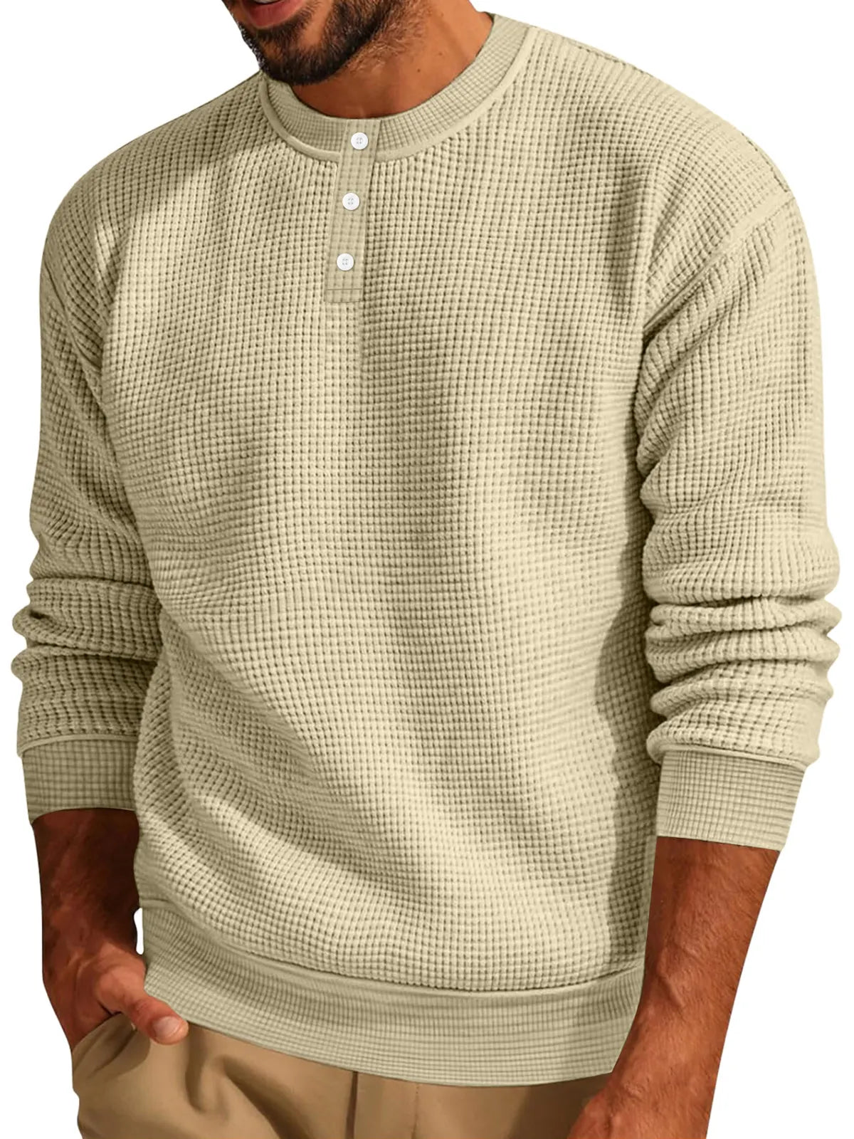 Men's Casual Waffle Solid Button Up Long Sleeve Henley