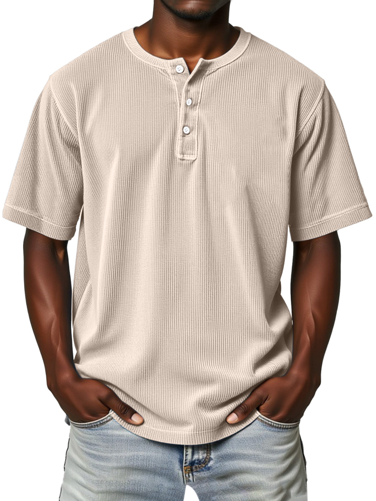 Men's Everyday Retro Vertical Stripe Solid Color Comfortable Short Sleeve Henley Shirt