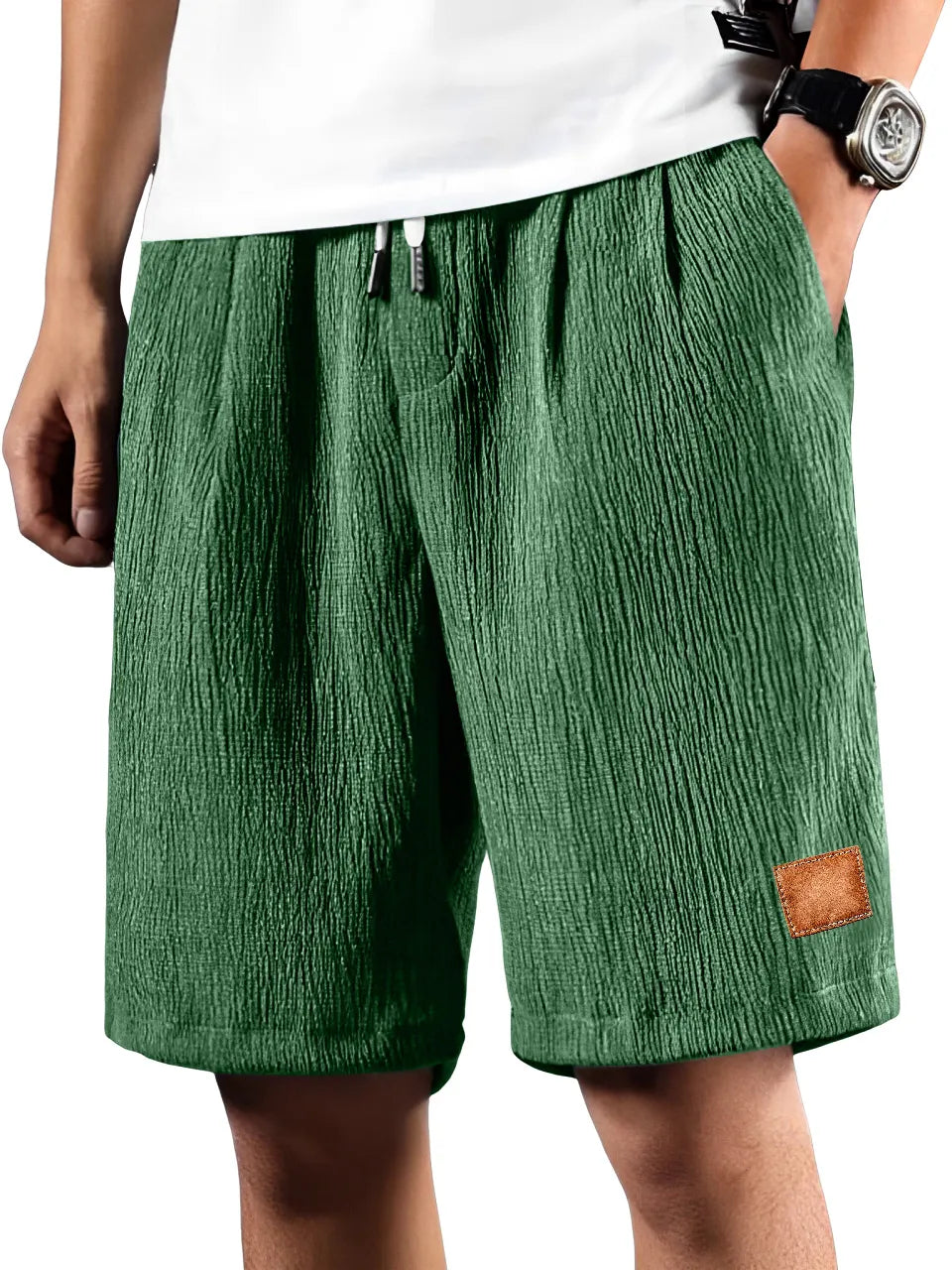 Men's Daily Pleated Texture Embroidered Logo Drawstring Casual Shorts