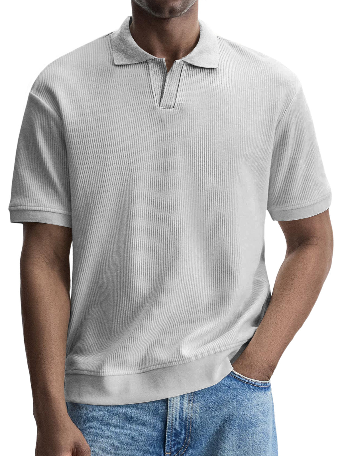 Men's Fashionable Casual Pitted V-neck Solid Color Short-sleeved Polo Shirt