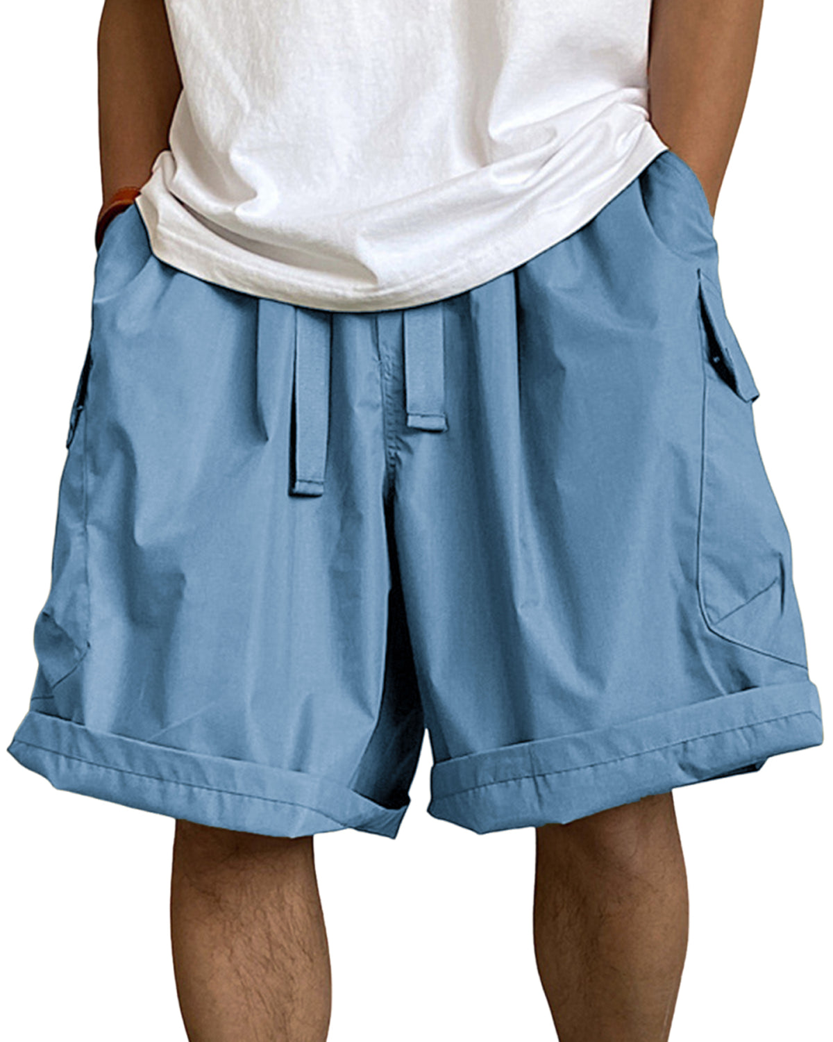 Men's Multi-Pocket Cargo Shorts Breathable Loose Drawstring Shorts with Side Pockets