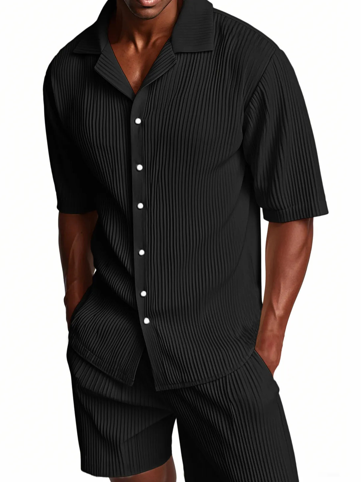 Men's Pleated Texture Suit Cuban Collar Casual Striped Fabric Short Sleeve Shirt Shorts Casual Two-piece Suit