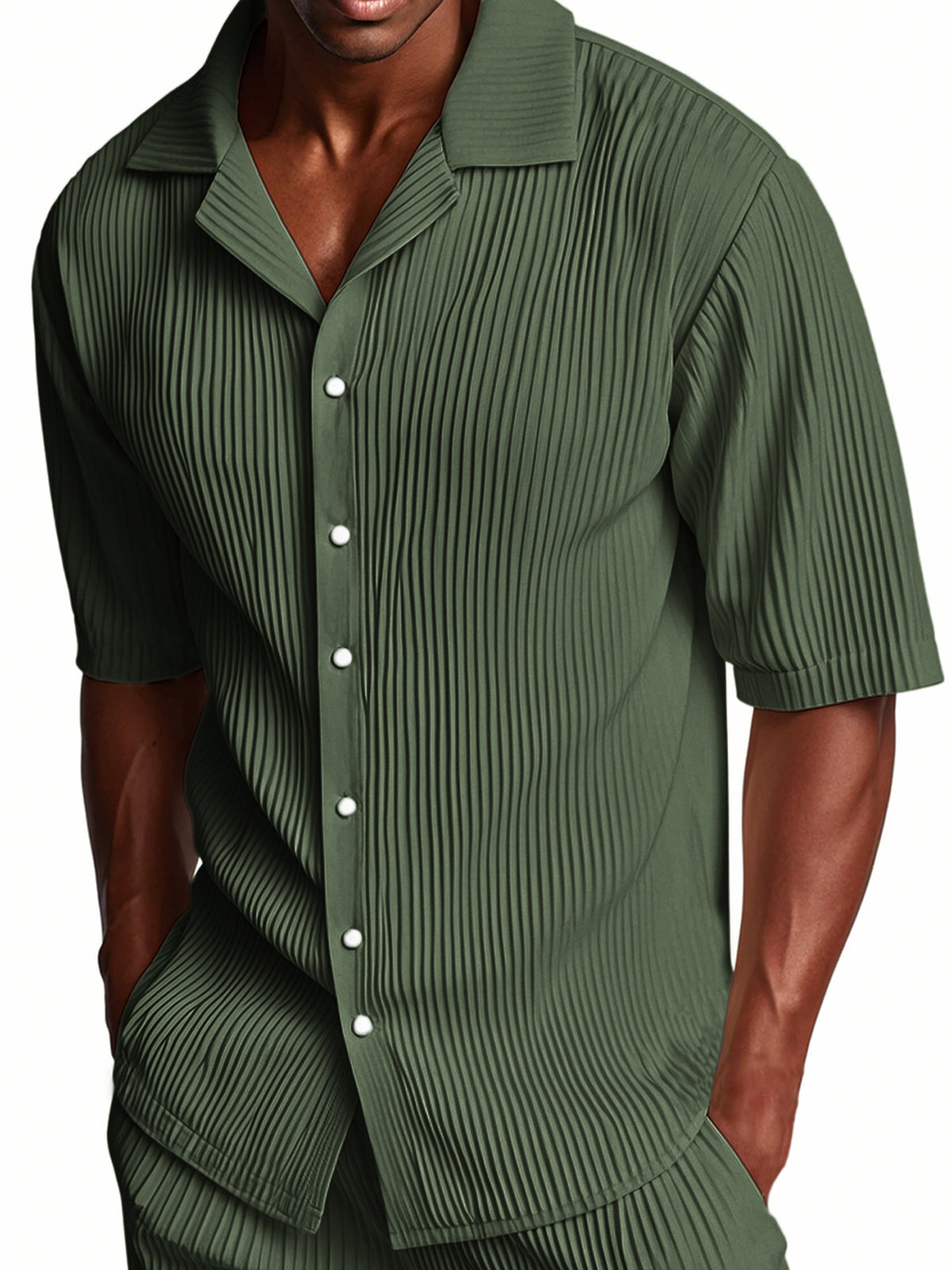 Men's Pleated Cuban Collar Casual Ribbed Fabric Short Sleeve Lapel Shirt