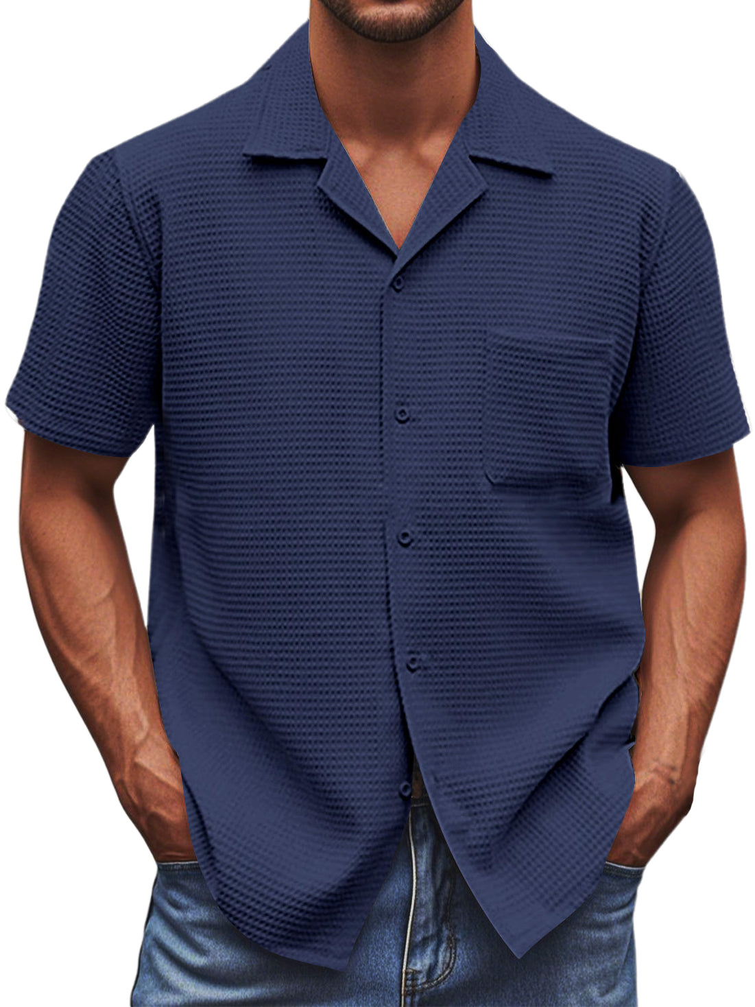 Men's Cuban Collar Waffle Texture Basic Soft And Comfortable Daily Casual Pocket Short-sleeved Shirt