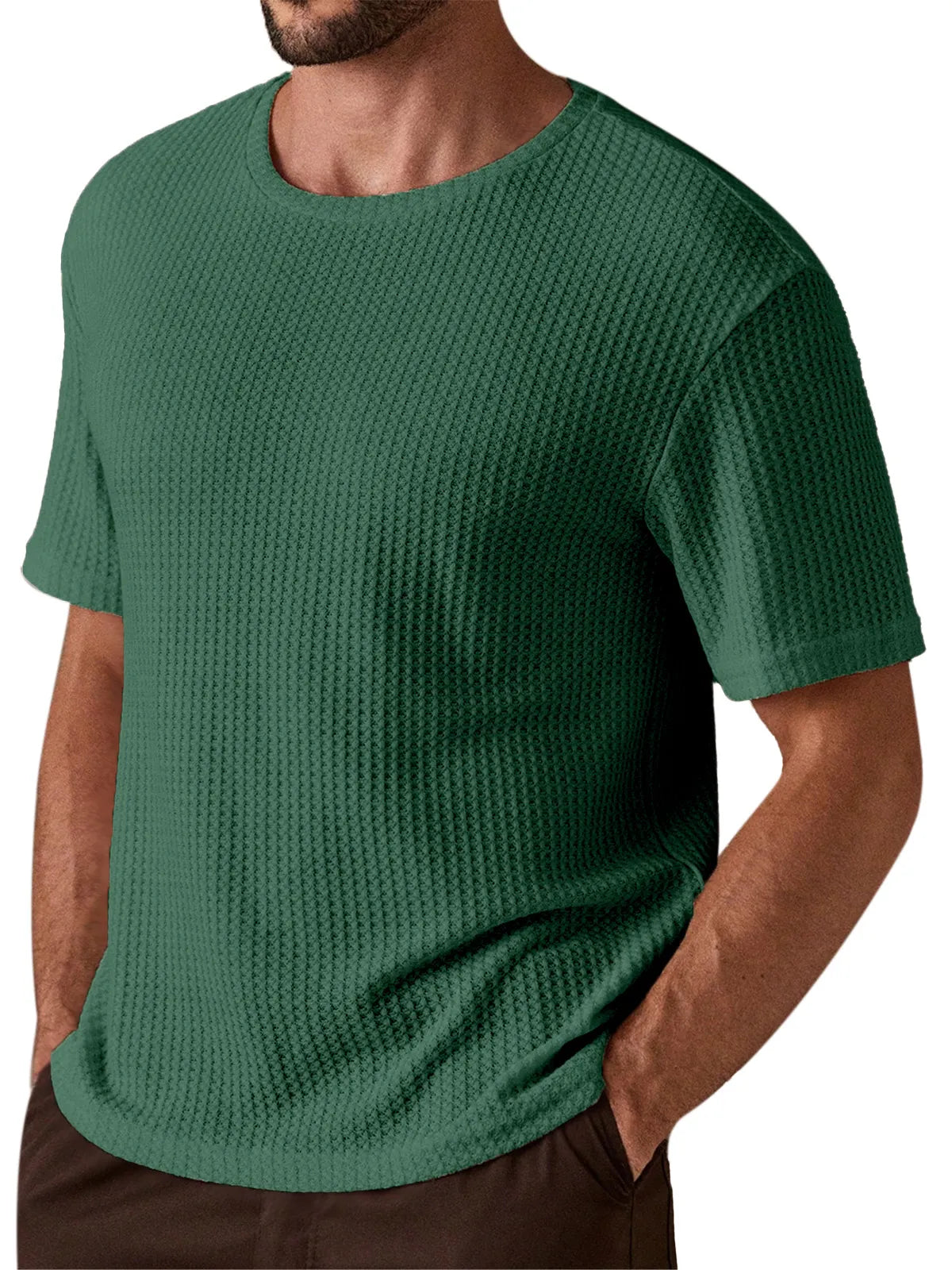 Men's Simple And Comfortable Solid Color Waffle Texture Round Neck Short-sleeved T-shirt