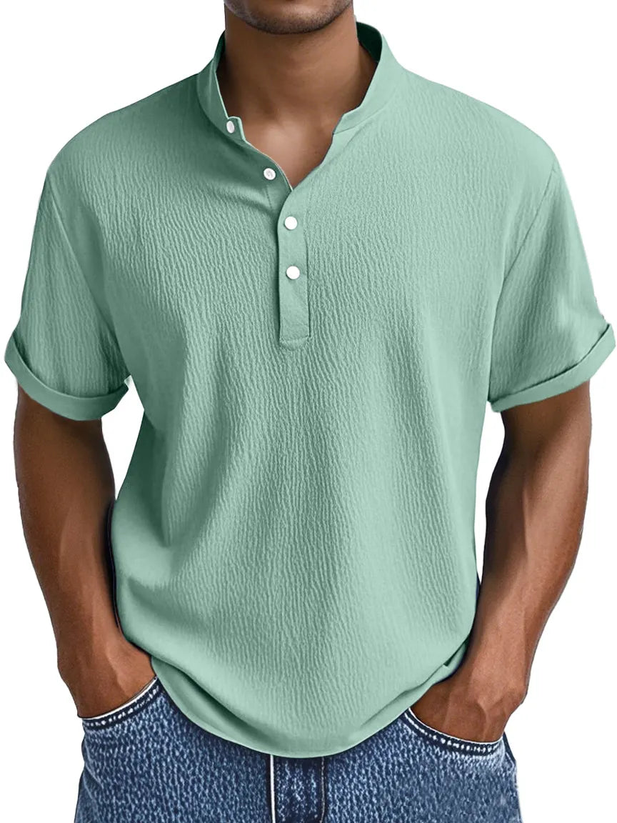 Men's Summer Daily Solid Color Pleated Texture Short-sleeved Henley Shirt