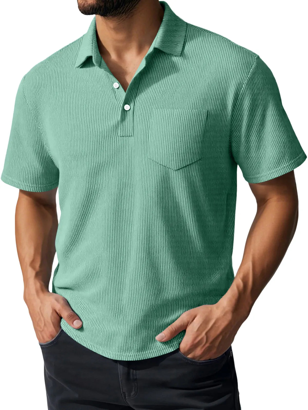 Men's Daily Casual Ribbed Lapel Button Pocket Short-sleeved Polo Shirt