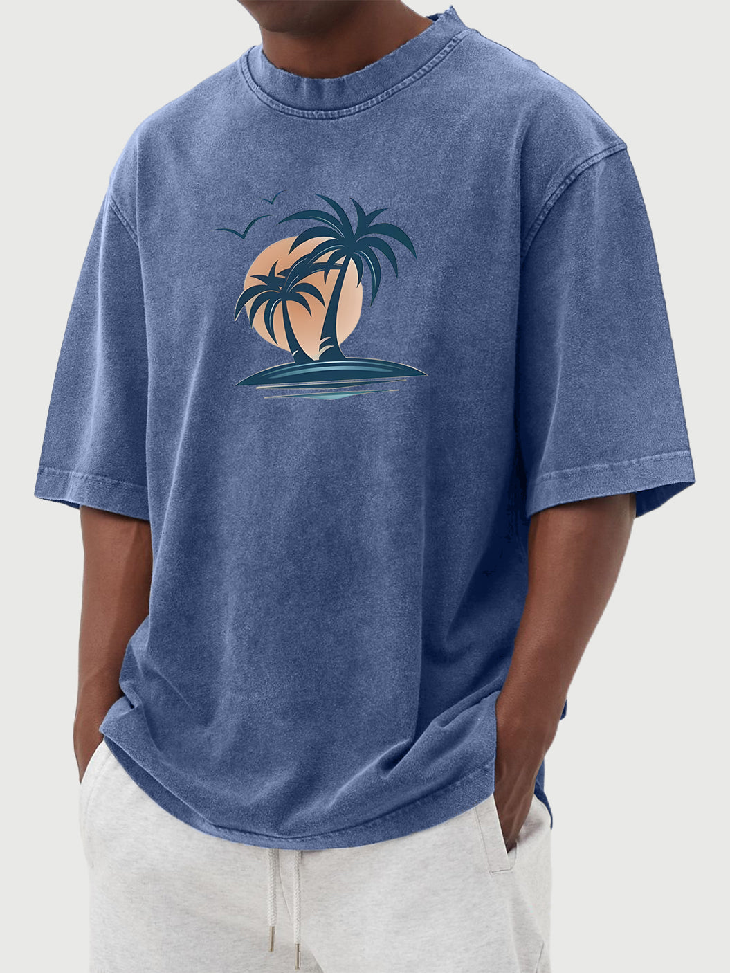 Men's Washed Distressed Cotton Palm Tree Casual Short-sleeved T-shirt