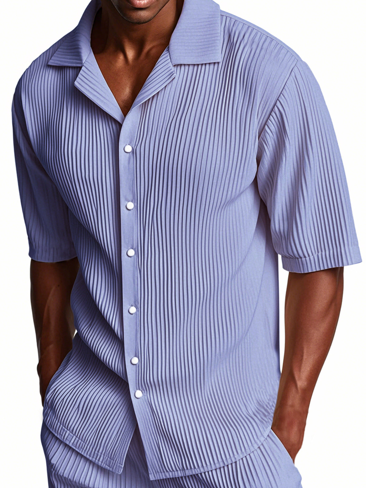 Men's Pleated Cuban Collar Casual Ribbed Fabric Short Sleeve Lapel Shirt