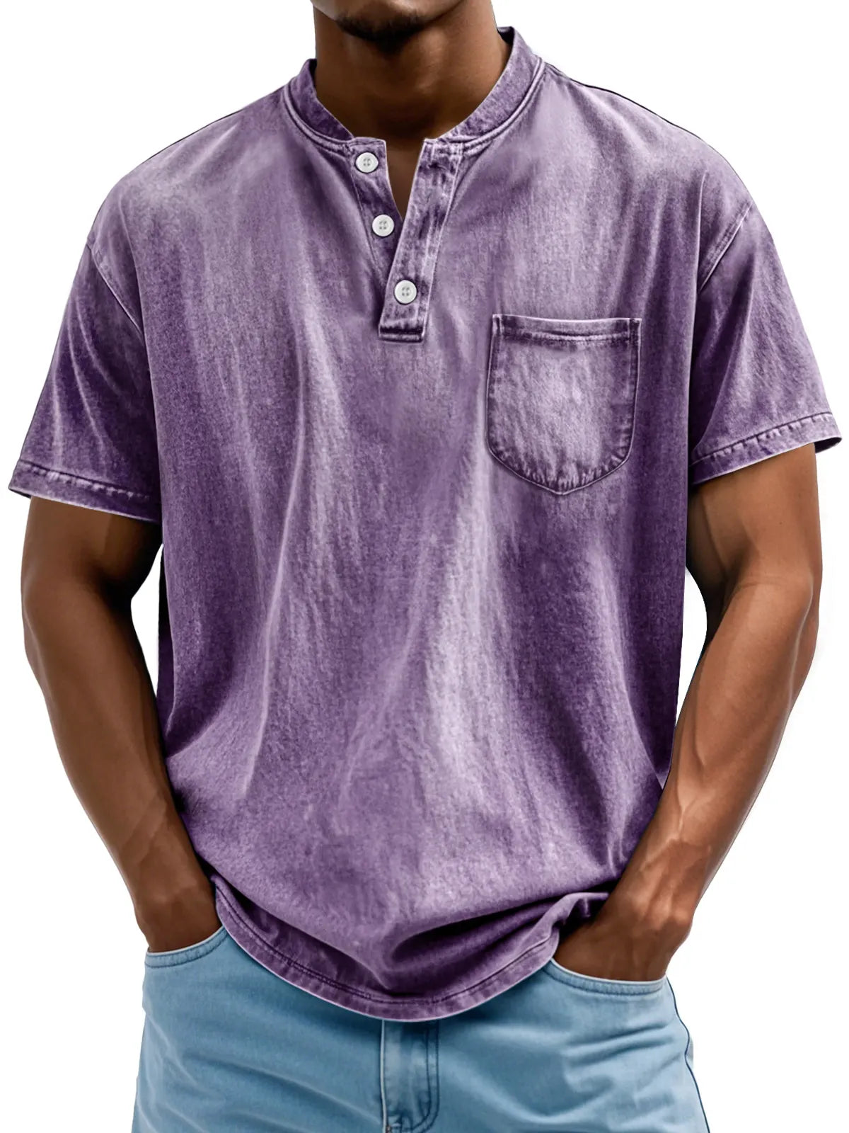 Men's Retro Stand Collar Pocket Casual Solid Color Short Sleeve Henley Shirt