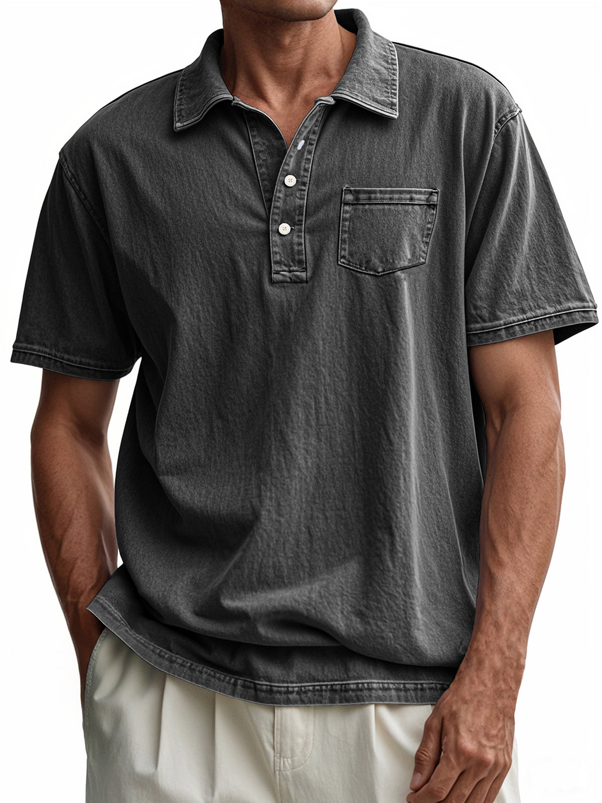 Men's Vintage Distressed Button-Down Short Sleeve POLO Shirt With Chest Pocket
