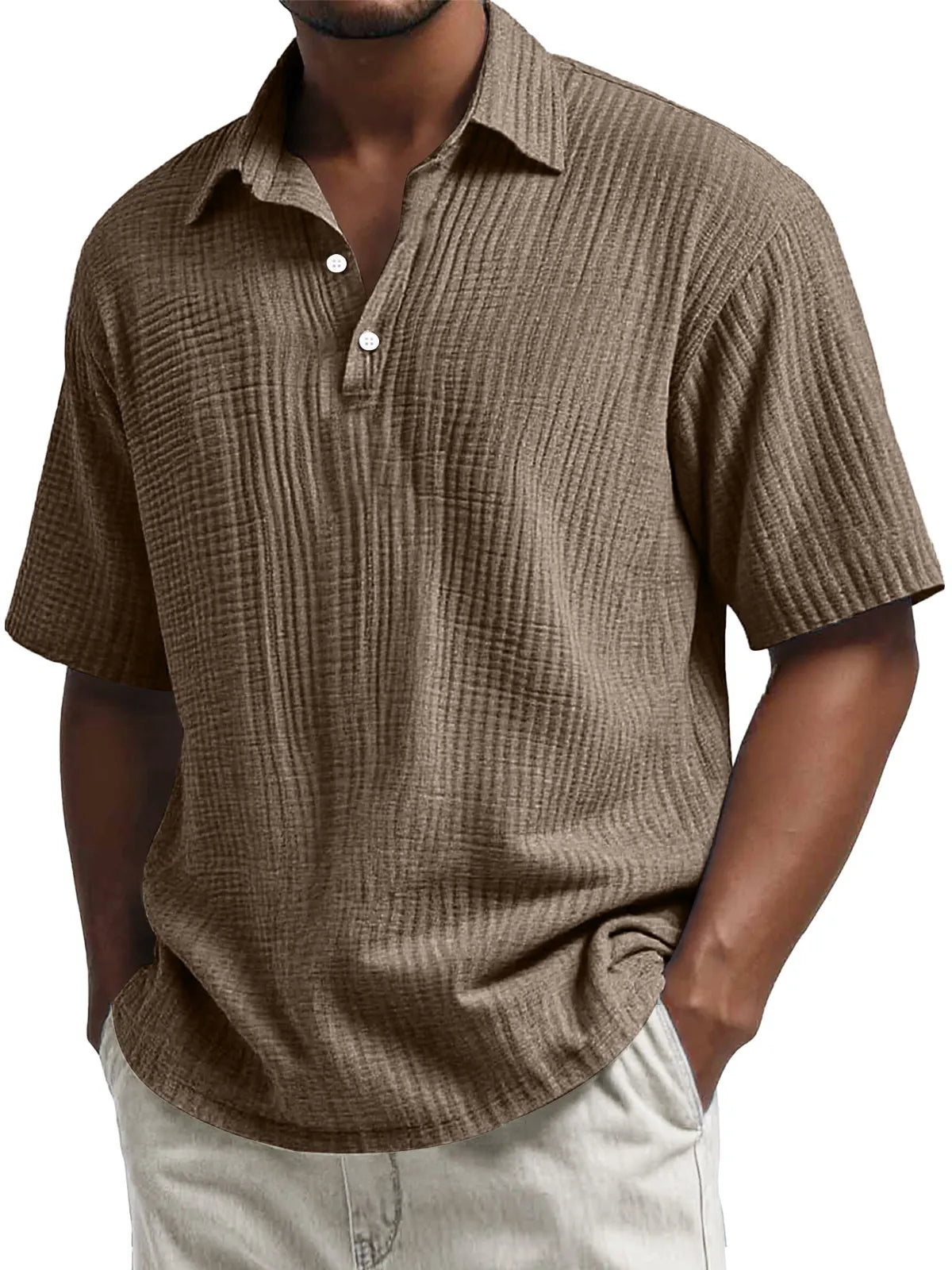 Men's Daily Pleated Texture Lapel Button Casual Short Sleeve POLO Shirt