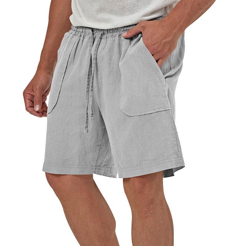 Men's Linen Casual Vacation Double Pocket Drawstring Elastic Waist Shorts Cropped Pants