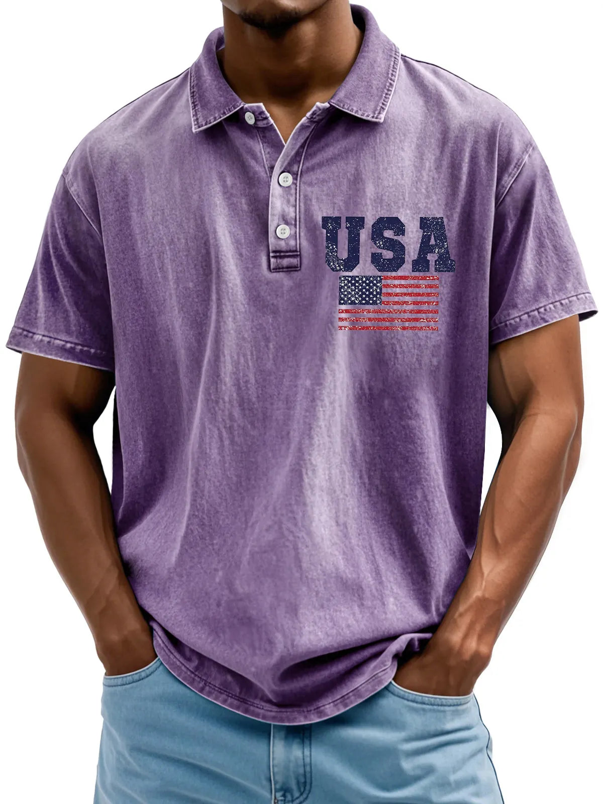 Men's Vintage American Independence Day Flag Print Lapel Short Sleeve Polo Shirt
