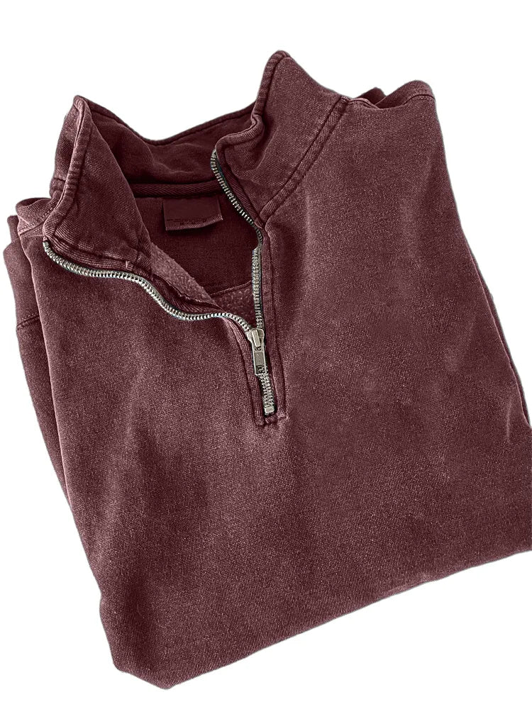 Men's Quarter Zip Distressed Washed Cotton Zipper Long Sleeve Sweatshirt