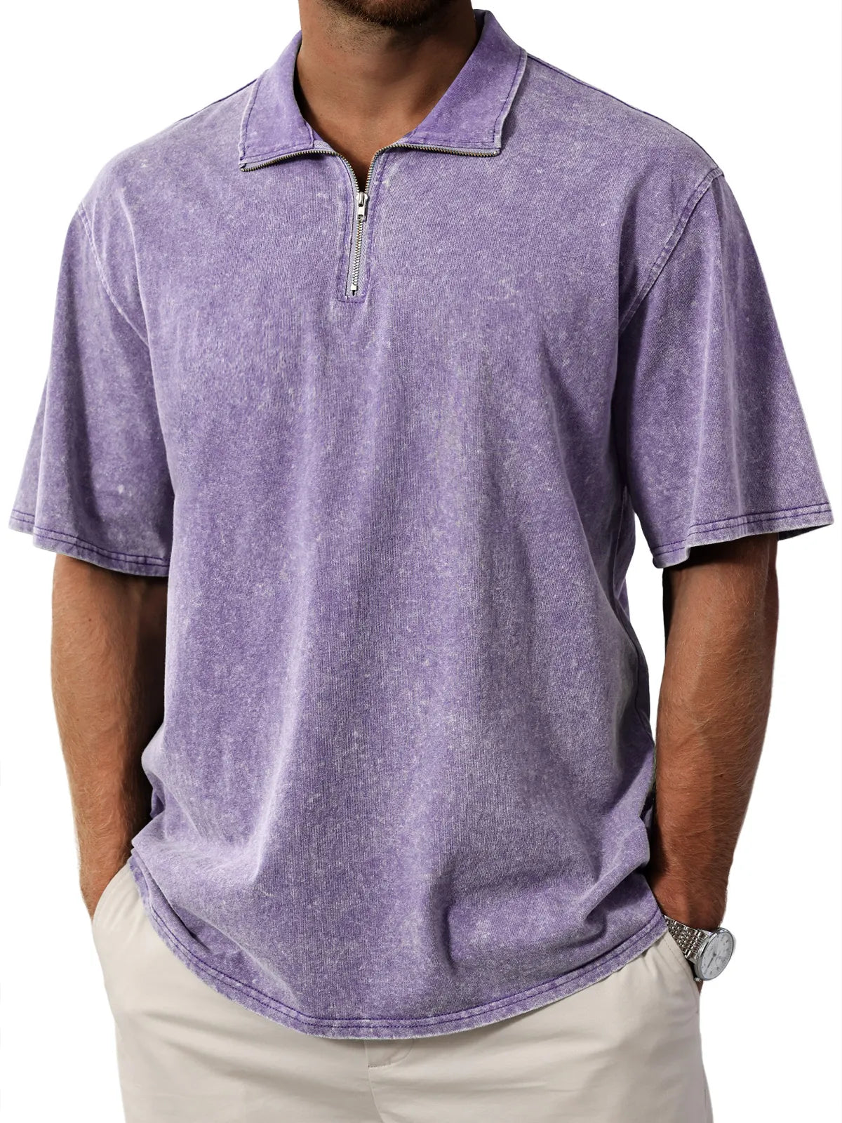 Men's Retro  Stand Collar Zipper Solid Color Short Sleeve T-Shirt