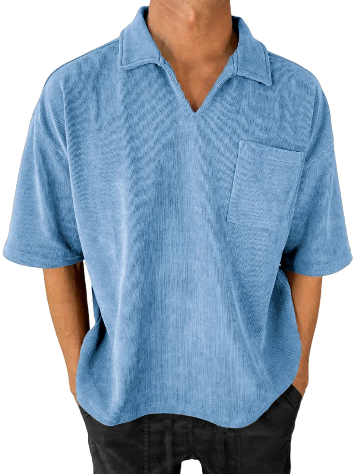 Men's Stylish V-Neck Ribbed Corduroy Casual POLO Shirt With Chest Pocket
