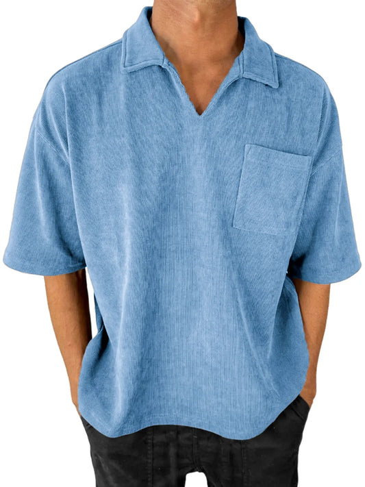Men's Stylish V-Neck Ribbed Corduroy Casual POLO Shirt With Chest Pocket