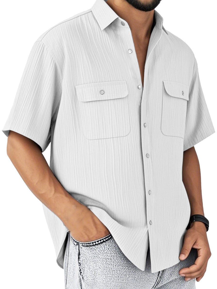 Men's Fashion Retro Double Pocket Lapel Short Sleeve Shirt
