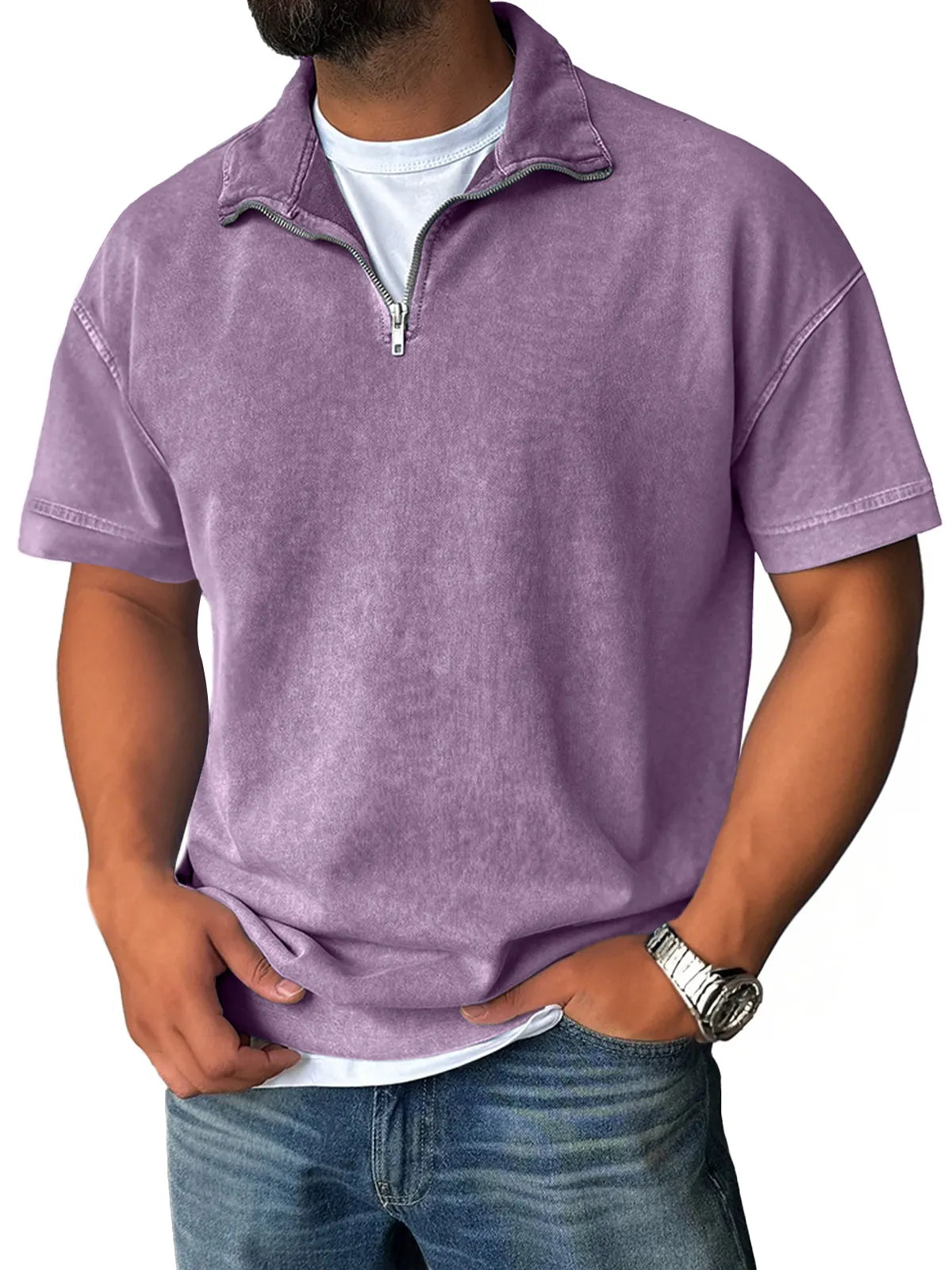 Men's Retro Stand Collar Zipper Casual Solid Color Short Sleeve T-Shirt