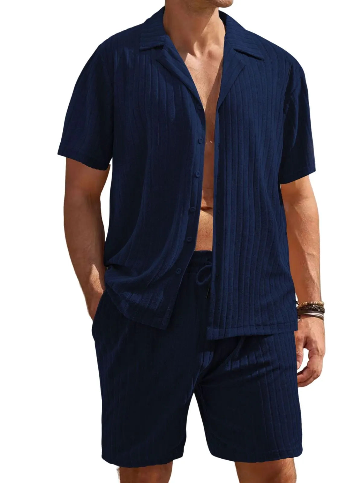 Men's Comfortable Towel Jacquard Casual Cardigan Short Sleeve Shorts Set