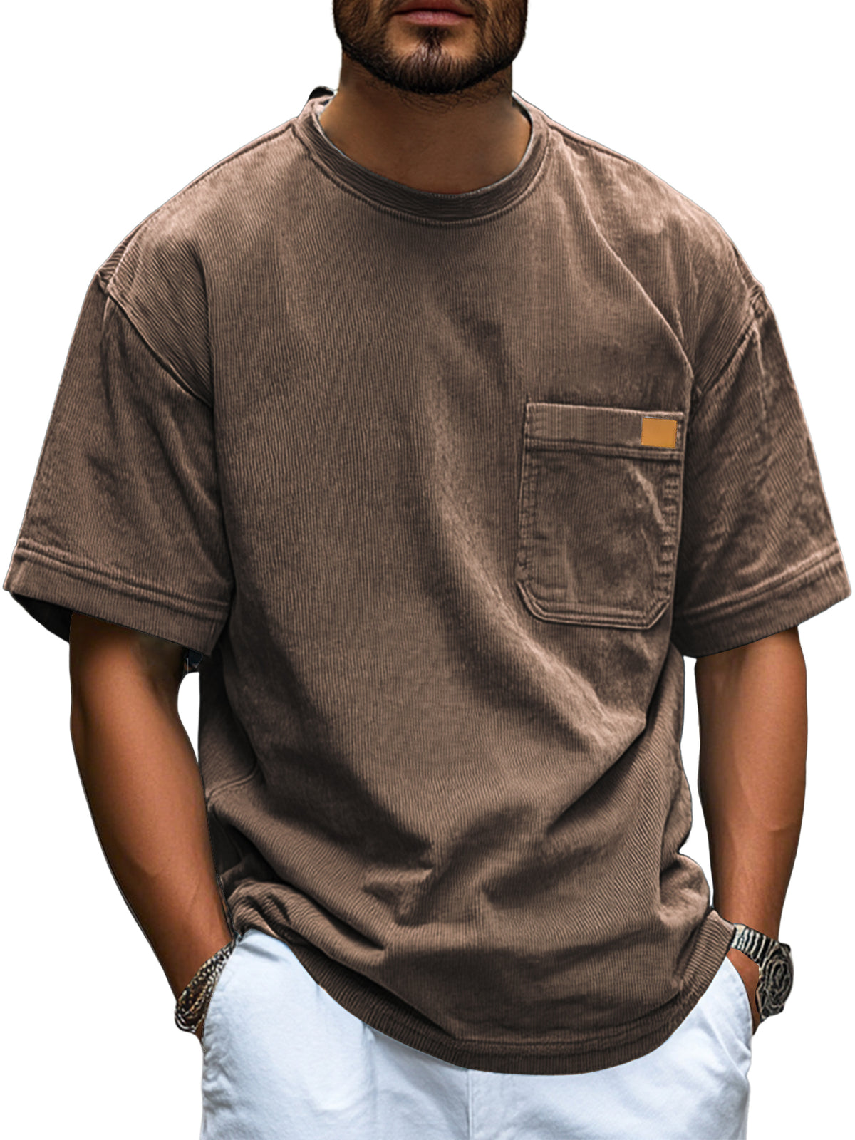 Men's Fashion Retro Corduroy Simple Embroidered Logo Pocket Casual Short-sleeved T-shirt