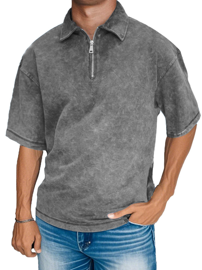 Men's Fashion Retro Distressed Short Sleeve Lapel Zipper Polo Shirt
