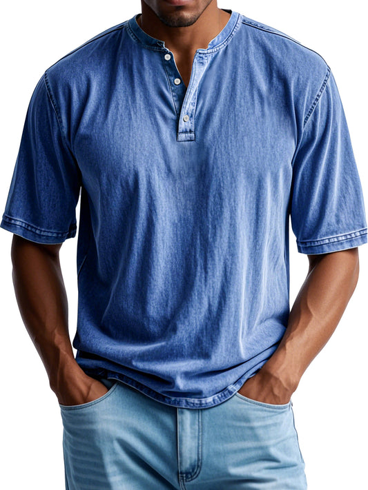 Men's Retro Casual Button Up Comfortable Solid Color Short Sleeve Henley Shirt