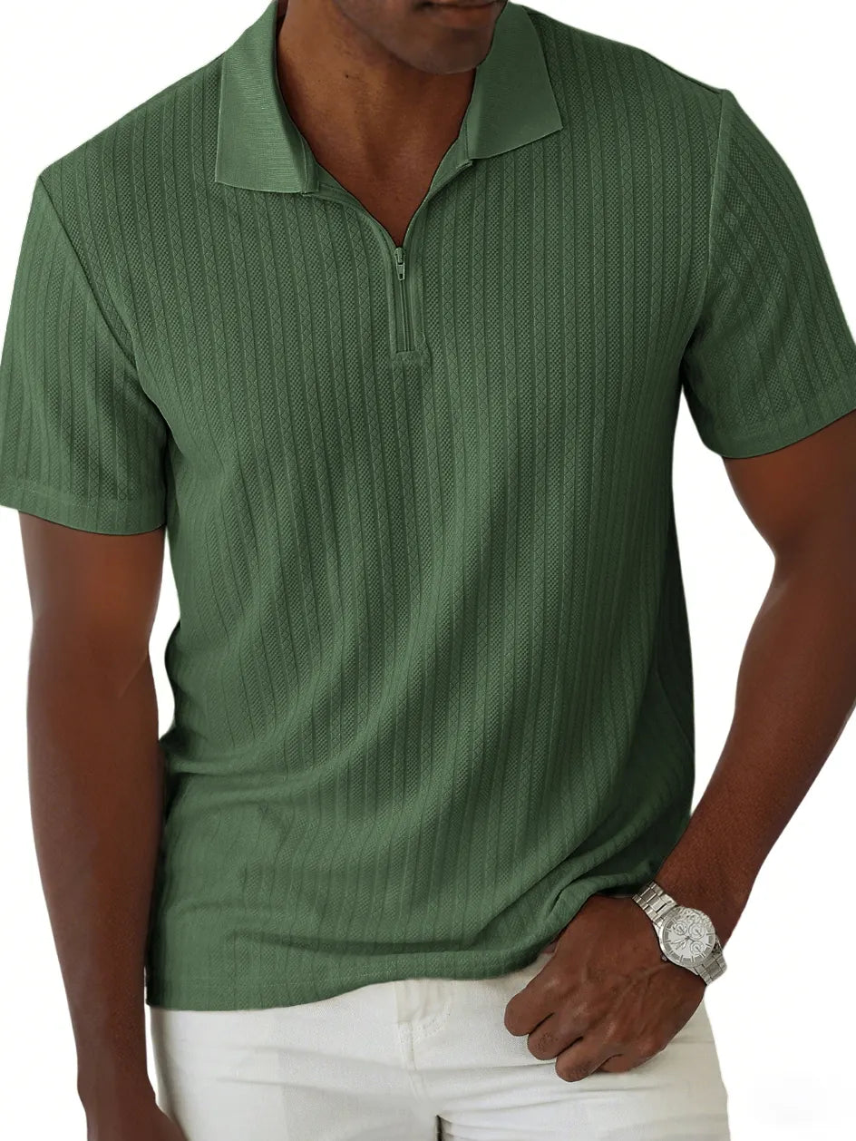 Men's Jacquard Casual Quarter Zip Lapel Short Sleeve Polo Shirt