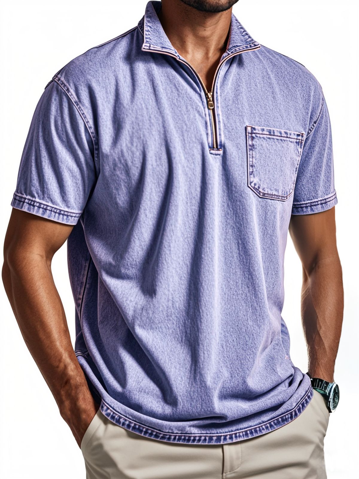 Men's Vintage Distressed Quarter Zip Polo Shirt With Chest Pocket