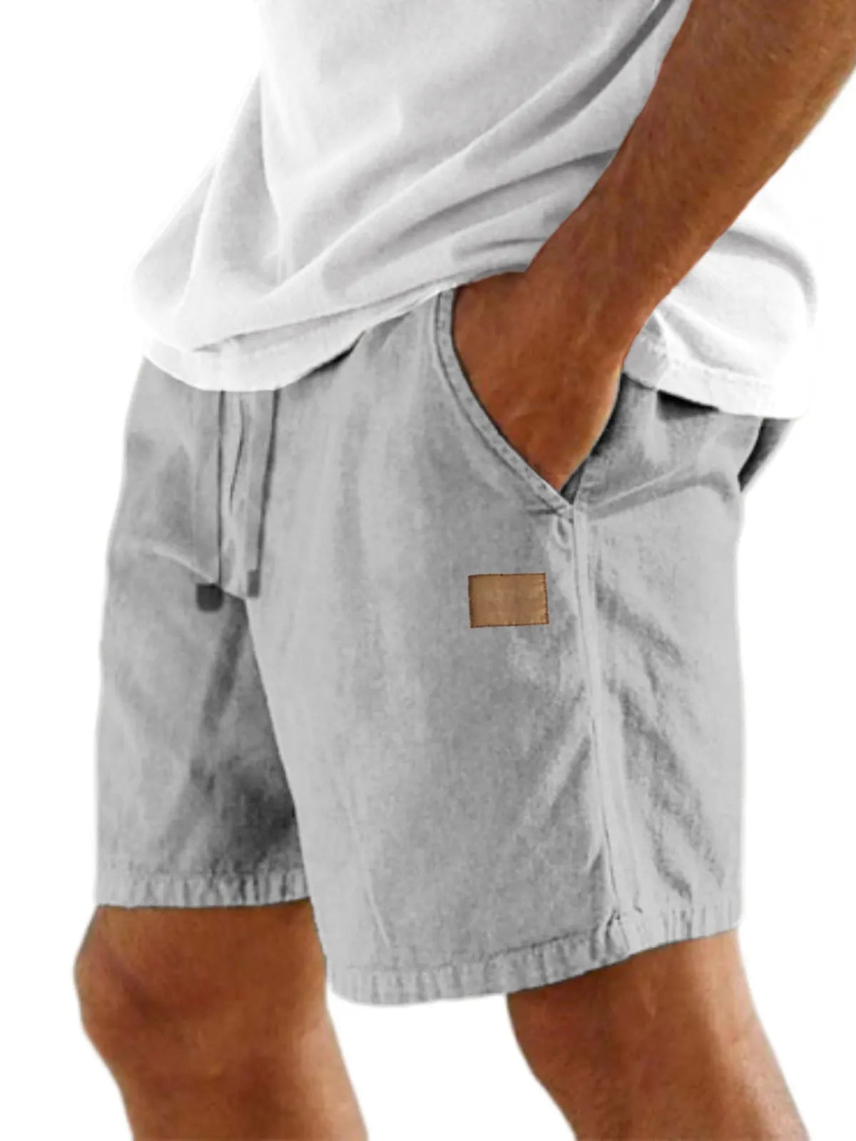 Men's Comfort Linen Embroidered Logo Holiday Casual Lace-Up Shorts with Side Pockets