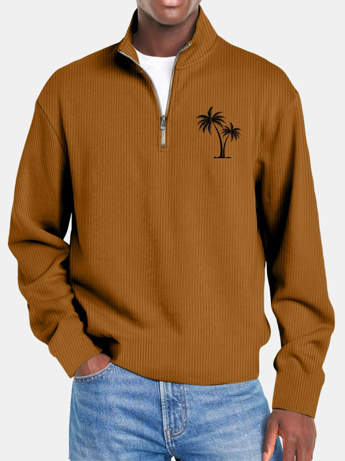 Men's Casual Solid Color Vertical Pit Stripe Coconut Tree Print Zipper Long Sleeve Top