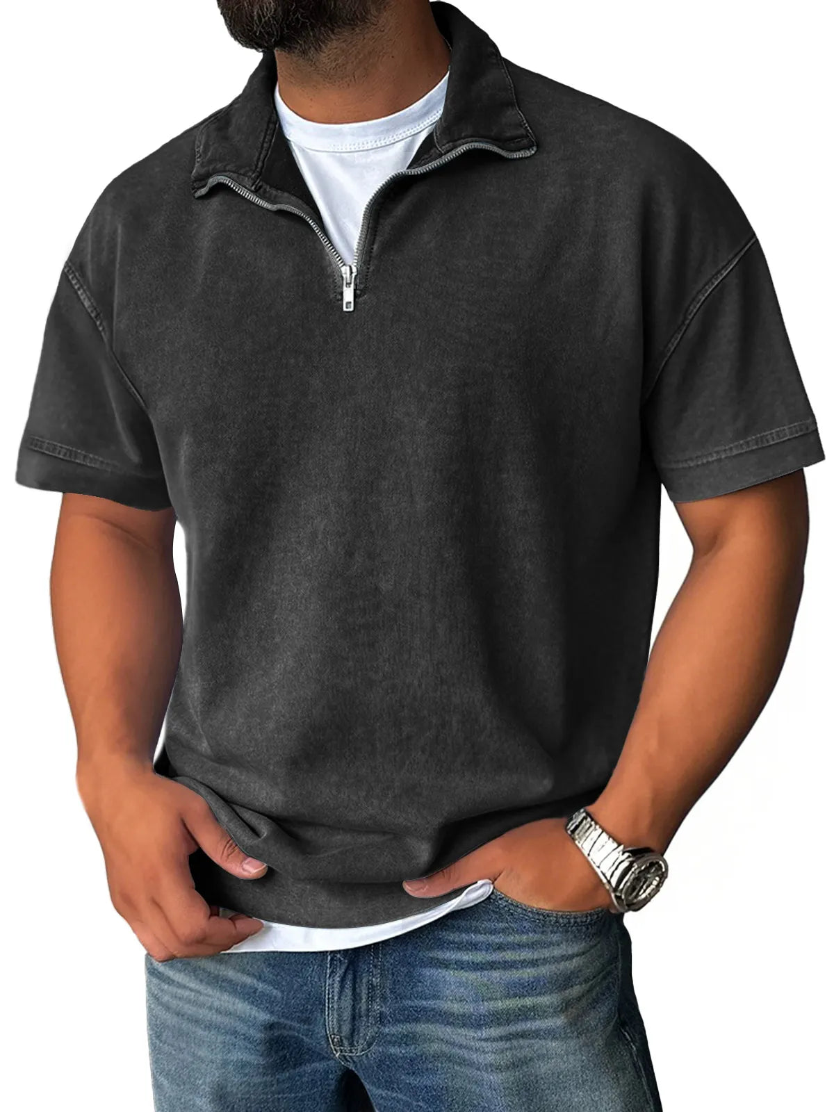 Men's Retro Stand Collar Zipper Casual Solid Color Short Sleeve T-Shirt