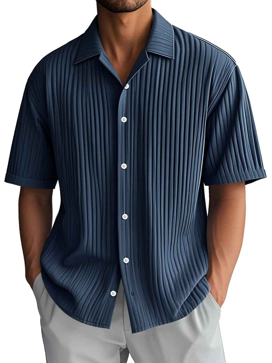 Men's Daily Casual Ribbed Lapel Comfortable Short-sleeved Shirt