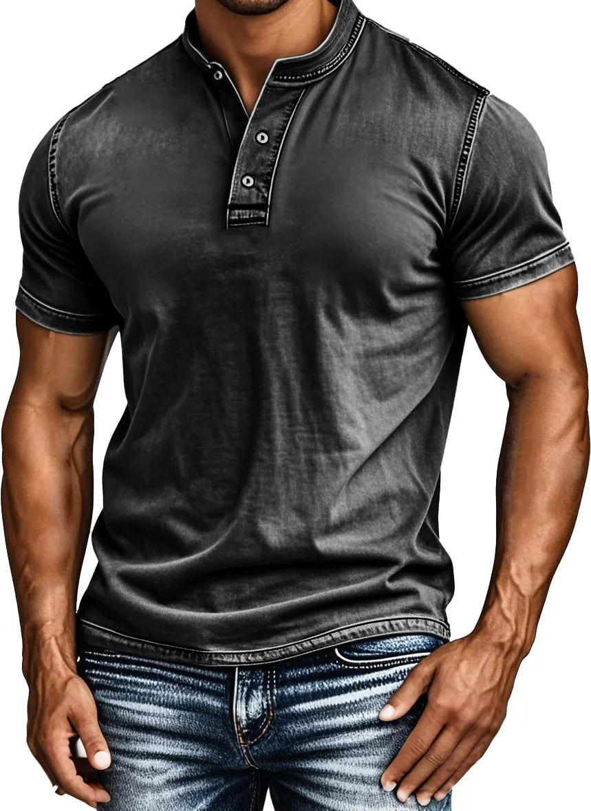 Men's Fashion Retro Distressed Lapel Short-sleeved Henley Shirt