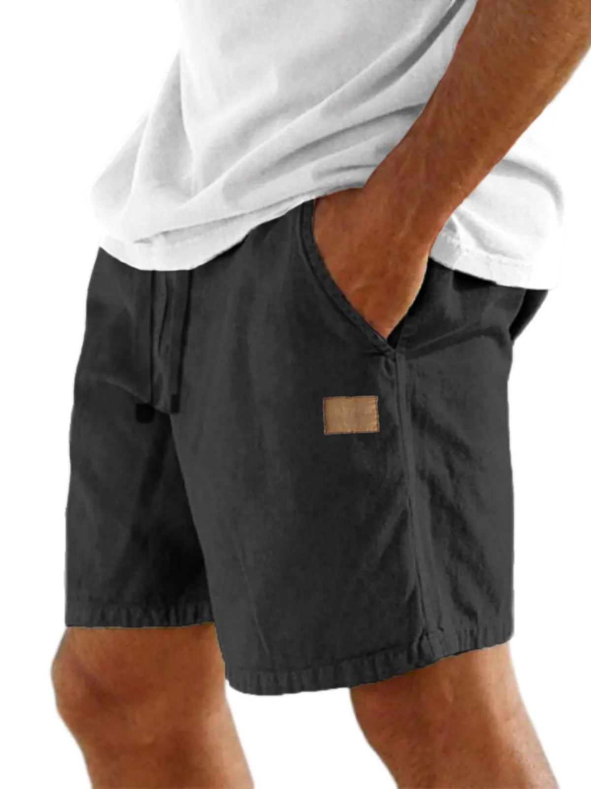 Men's Comfort Linen Embroidered Logo Holiday Casual Lace-Up Shorts with Side Pockets