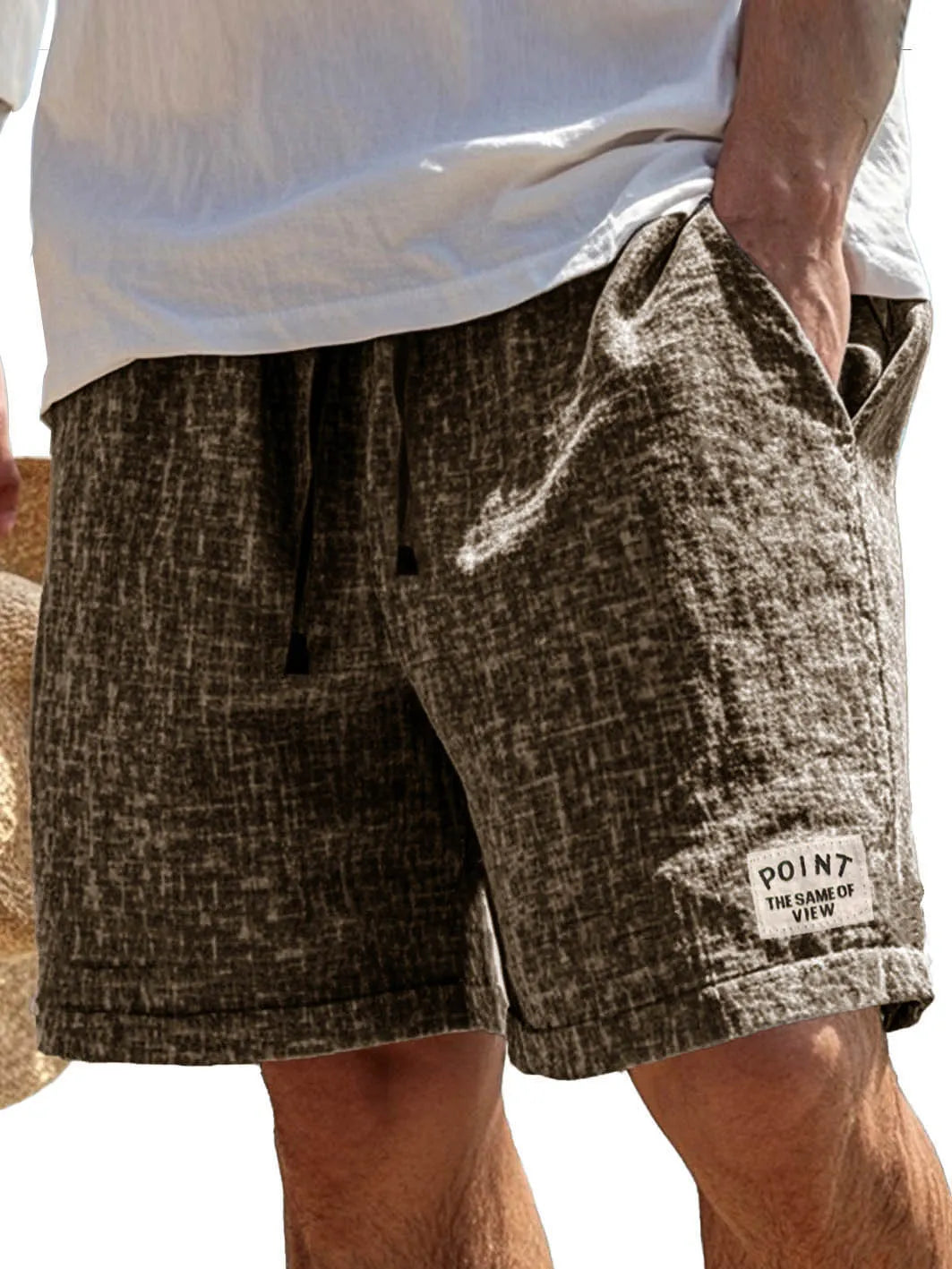 Men's Fashion Casual Hemp Fabric Pocket Embroidered Logo Shorts
