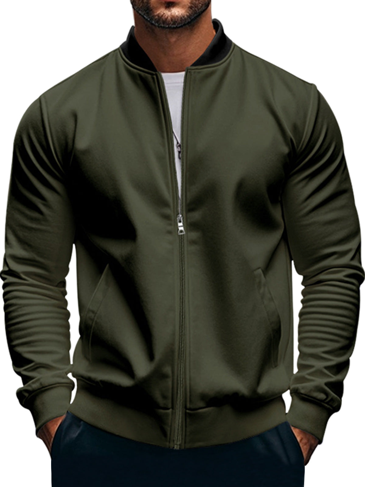 Men's Casual Stand Collar Zipper Long Sleeve Baseball Jacket
