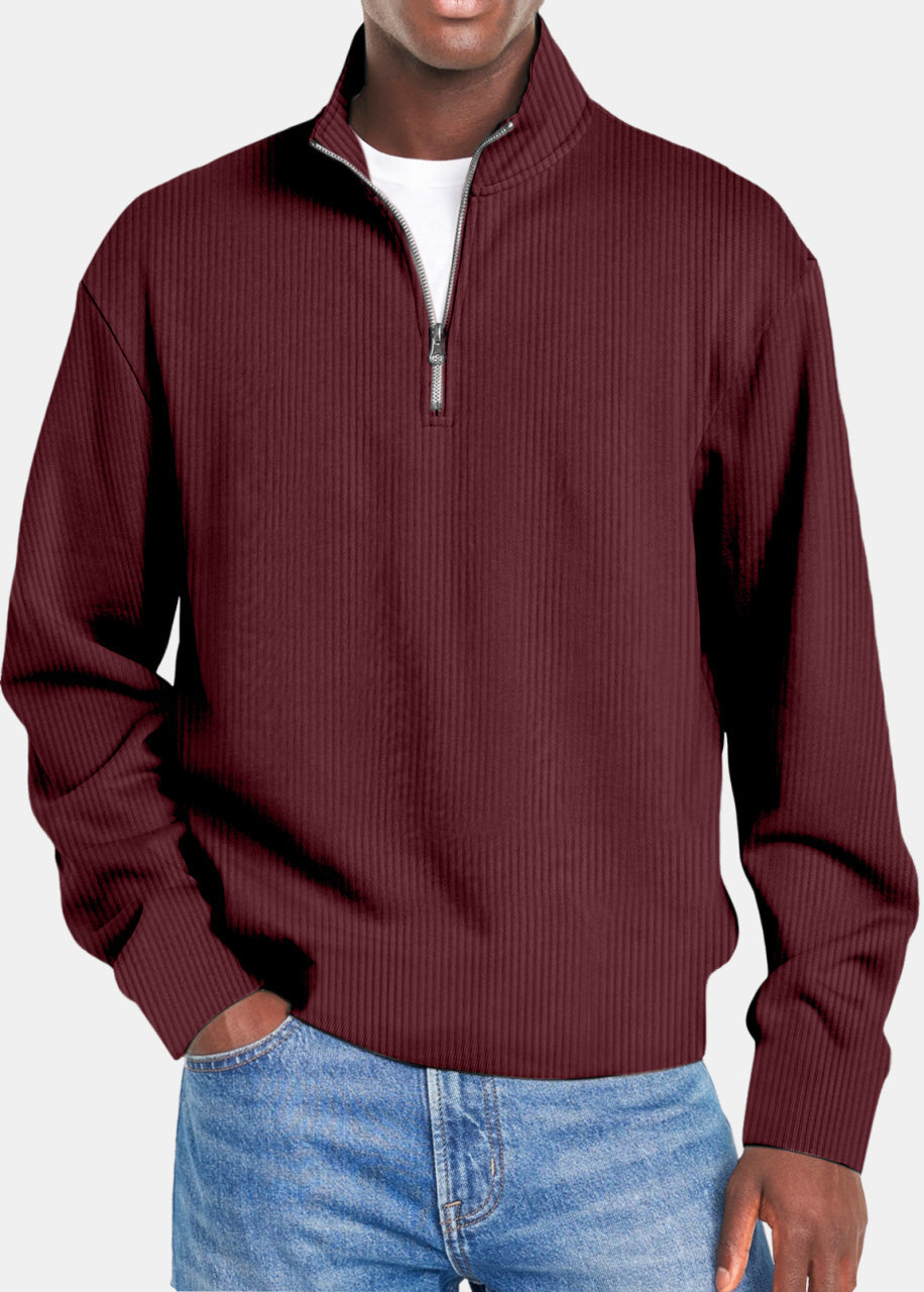 Men's Autumn and Winter Simple Vertical Strip Comfortable Zipper Long-sleeved Polo Shirt