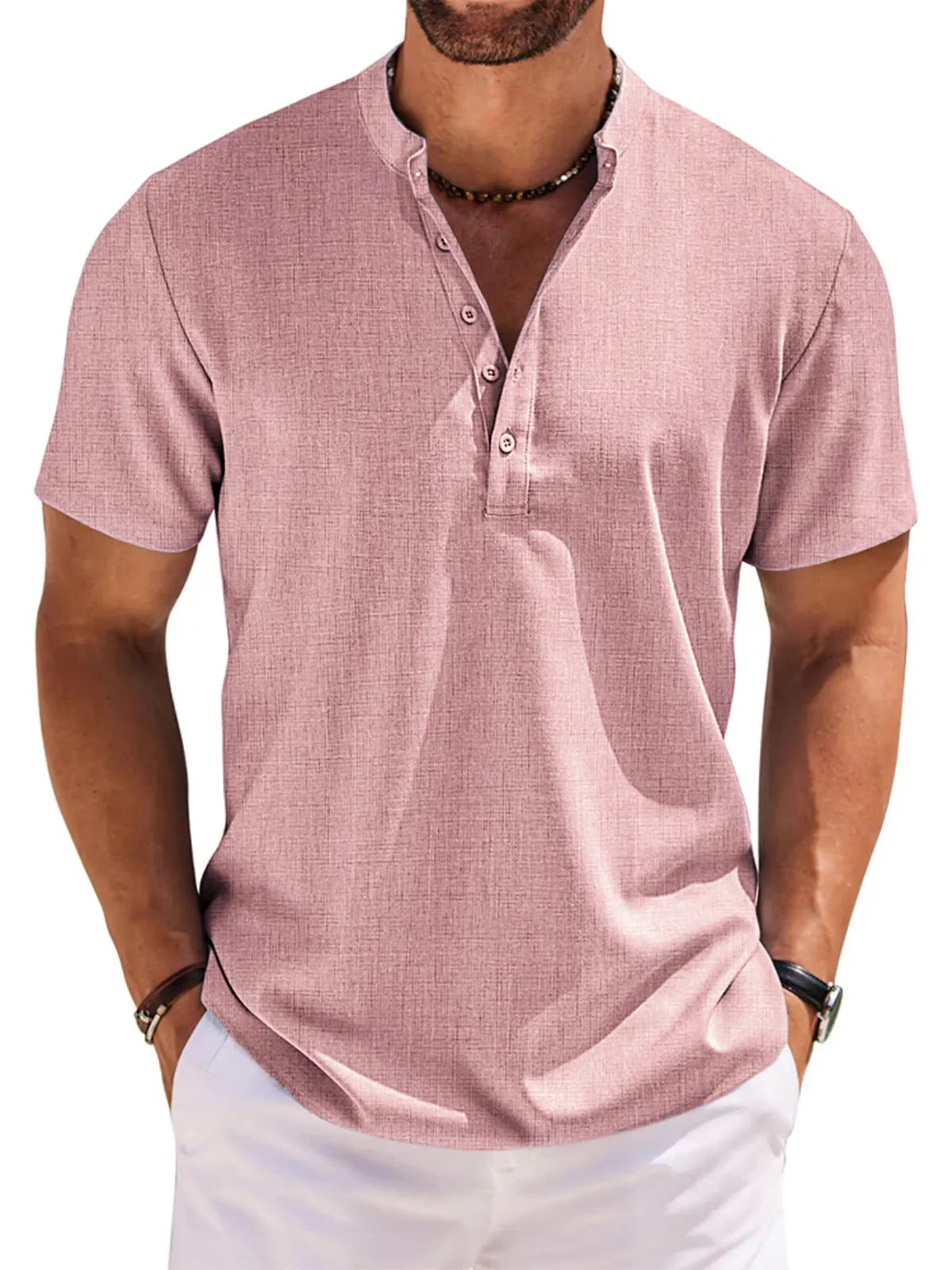 Men's 100% Cotton and Linen Casual Short Sleeve Henley Button Shirt