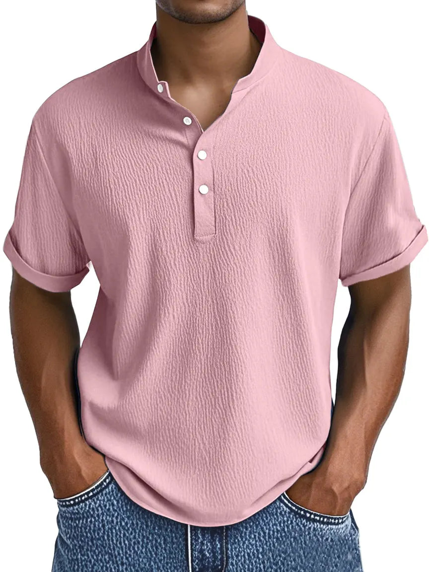 Men's Summer Daily Solid Color Pleated Texture Short-sleeved Henley Shirt