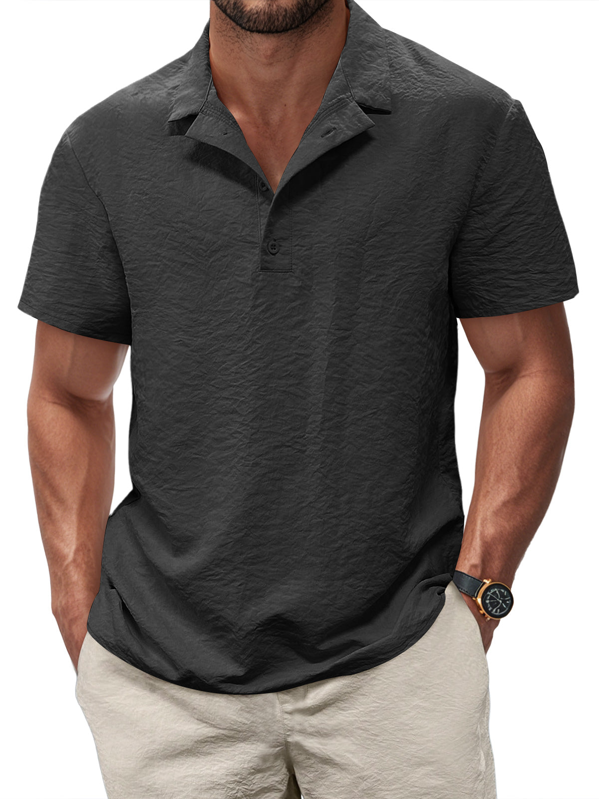 Men's Casual Pleated Texture Button Solid Color Short-sleeved Polo Shirt