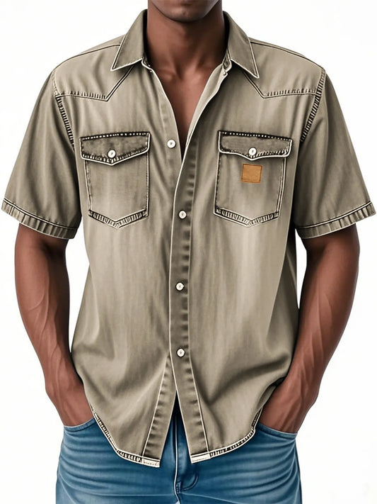 Men's Retro Western Embroidered Multi-Pocket Button Casual Short Sleeve Shirt