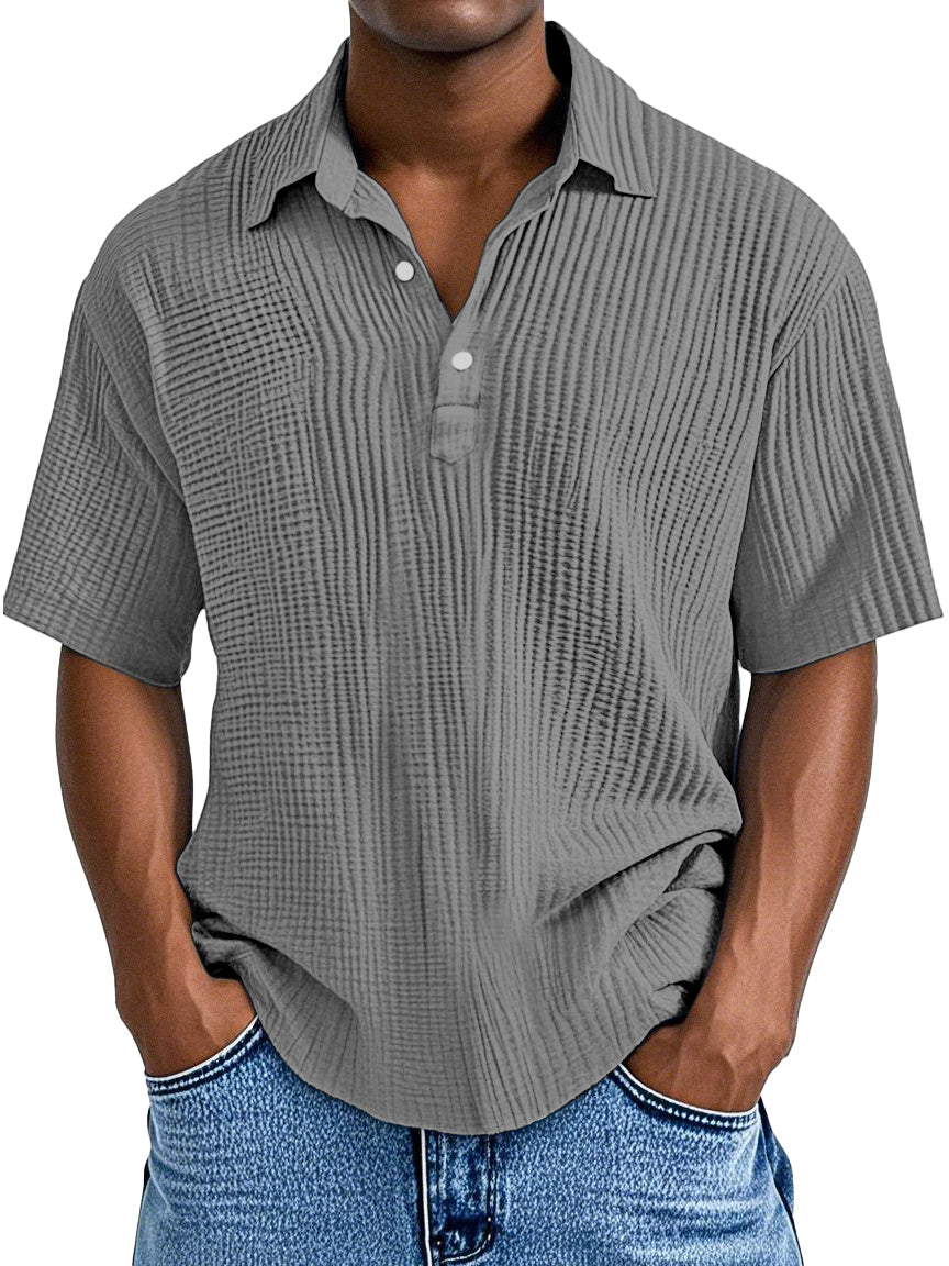 Men's Simple Daily Loose Pleated Texture Short Sleeve Lapel Polo Shirt