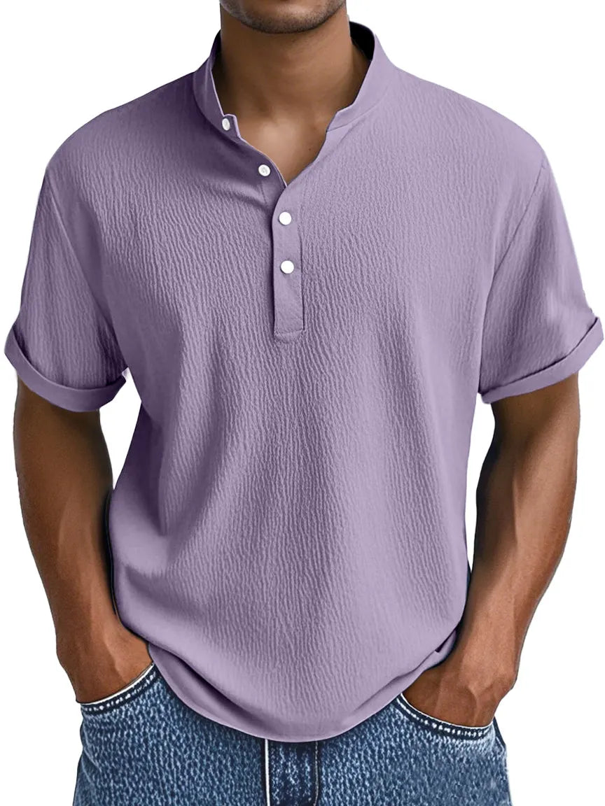 Men's Summer Daily Solid Color Pleated Texture Short-sleeved Henley Shirt