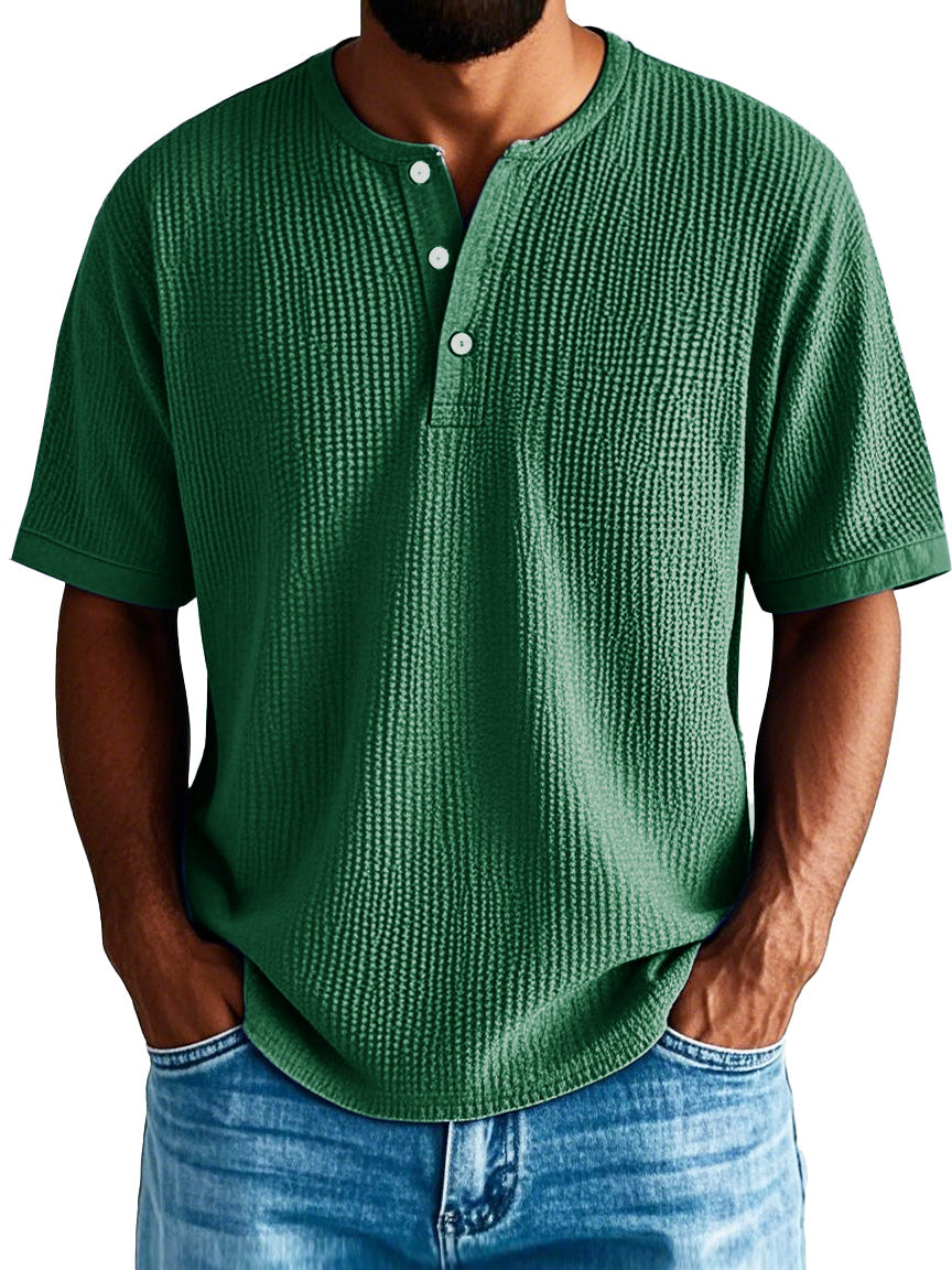 Men's Fashion Casual Pleated Fabric Short-sleeved Vintage Henley Shirt