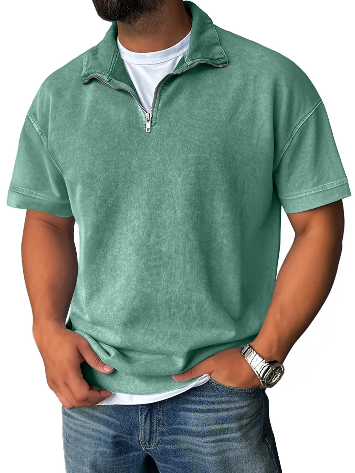 Men's Retro Stand Collar Zipper Casual Solid Color Short Sleeve T-Shirt