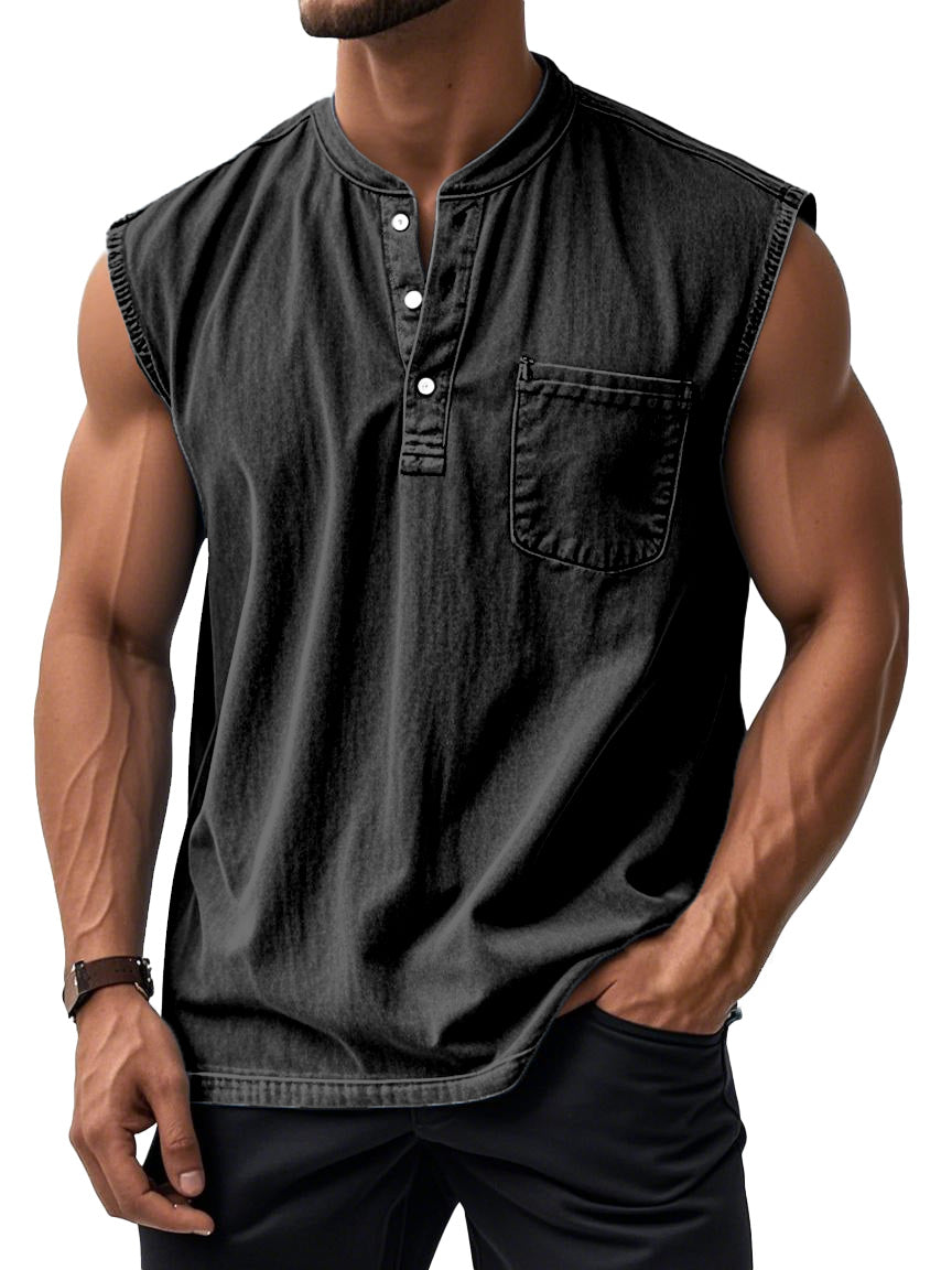 Men's Retro Solid Color Simple Sleeveless Henley Shirt