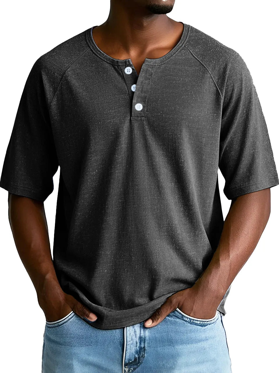 Men's Fashion Retro Sports Raglan Short Sleeve Button-Down Henley Shirt