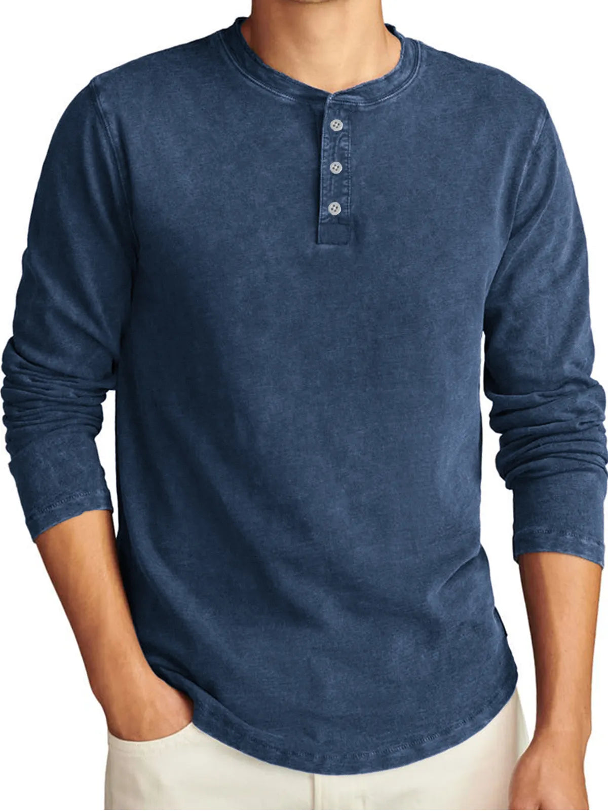 Men's Vintage Distressed Long Sleeve Washed Casual T-Shirt Henley Shirt